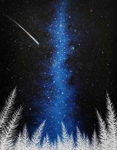 the night sky is filled with stars, and there are pine trees in front of it