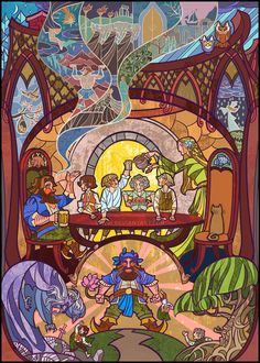 an image of a cartoon scene with people sitting at a table in front of a stained glass window