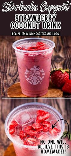 starbucks pink drink with strawberries in it and the text, starbucks pink drink recipe