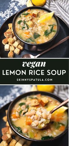 a bowl of lemon rice soup with tofu and vegetables