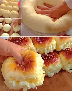 there are several pictures of rolls being made with doughnuts and other things to make them