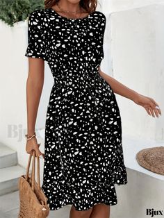 Bjux - Womens Leopard Print Shirred Waist Dress: Elegant Crew Neck Short Sleeve Casual Dress Casual Printed Knee-length Midi Dress, Casual Knee-length Printed Midi Dress, Casual Patterned Dress For Day Out, Casual Printed Midi Dress, Casual Black Midi Dress For Vacation, Black Casual Midi Dress For Vacation, Patterned Casual Midi Dress For Day Out, Casual Patterned Midi Dress For Day Out, Casual Patterned Fitted Dress