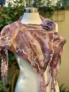 Hand Felted Neckerchief for Women, Wool Felted Wrap, Triangular Scarf, Shoulder Wrap, Nuno Felted Scarf with Сurls of Sheep hand dyeing-The Garden of Felt by Marina Nuno Felt Scarf, Chic Scarves, Felted Scarf, Coffee With Friends, Shoulder Wrap, Purple Plum, 3d Rose, Felt Brooch, Handmade Scarves