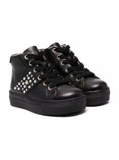 black leather stud detailing round toe front lace-up fastening side zip fastening branded insole flat rubber sole Girls Shoes Kids, Flat Boots, Ballet Flat Shoes, Liu Jo, Boot Sandals, Boys Shoes, Sneakers Black, Leather Sneakers, Girls Shoes