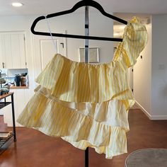 Tiered And Striped Yellow Top. Perfect For Summer. Yellow One Shoulder Top For Summer, Chic Yellow One-shoulder Top, Summer One-shoulder Blouse For Day Out, Yellow Top, One Shoulder Blouse, One Shoulder, Top Blouse, Blouses, Womens Tops