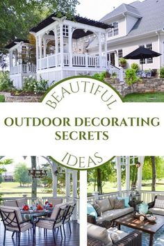 an outdoor decorating secrets book with pictures of patio furniture and tables on the porch