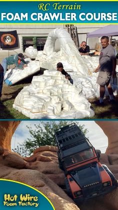 there are two pictures with people standing in front of a truck and an image of sandbags on the ground