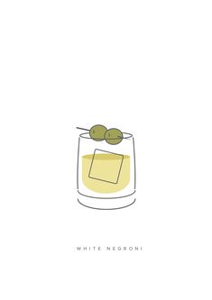 an illustration of two olives sitting on top of a glass with liquid in it