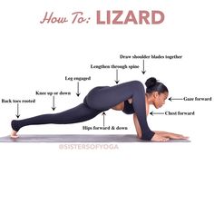 a woman is doing yoga poses with the words how to lizardd on her stomach