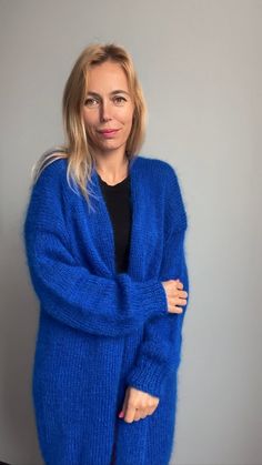 Royal Blue  Mohair cardigan  Hand knit This soft mohair cardigan is perfect for casual and everyday usage, will go perfect with jeans and may combine easily with many colors. Classic form of this open style cardigan suits any body type.  Length is 90 cm (35.4') Yarn: High quality yarn 25% wool, 25% mohair, 50 % acrylic CARE: Hand wash in cold water then lay flat to dry. All items are beautifully wrapped. Ready to be a gift for your lovely person. You can order longer sweater or sleeves / or shor Casual Mohair V-neck Outerwear, Casual Mohair Outerwear With V-neck, Casual Mohair V-neck Cardigan, Casual Mohair Outerwear For Layering, Oversized Cozy Blue Cardigan, Casual Mohair Cardigan For Winter, Trendy Long Sleeve Mohair Cardigan, Casual Mohair Long Sleeve Outerwear, Mohair Casual Cardigan For Layering