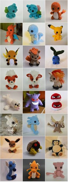 many crocheted stuffed animals are shown in different colors and sizes, including one with an