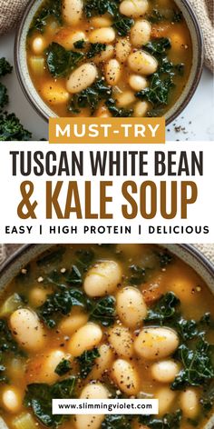 tuscann white bean and kale soup in a bowl with spinach leaves