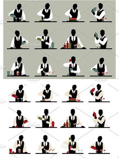 the silhouettes of waiters in various poses and positions, all with different food items