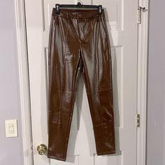 Brown Faux Leather Pants See Photos For Measurements Fitted Faux Leather Pants With Faux Front Pockets, Brown High-waisted Leather Pants For Winter, Faux Leather Pants With Faux Front Pockets For Work, Faux Leather Pants For Workwear With Faux Pockets, High Waist Faux Leather Pants With Faux Pockets, Brown Straight Leg Leather Pants For Night Out, Faux Leather Straight Leg Pants For Going Out, Straight Leg Brown Leather Pants For Night Out, Straight Leg Faux Leather Pants For Going Out