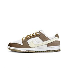 Brown White Custom Nike Dunk-shecustomize Brown Skateboarding Sneakers With Laces, Brown Sneakers With Laces For Skateboarding, Brown Boost Midsole Sneakers For Skateboarding, Brown Skate Shoes For Streetwear, Brown Sneakers With Speckled Midsole For Skateboarding, Brown Skateboarding Sneakers With Speckled Midsole, Custom Nike Dunk, Shoe Embroidery, Shoe Artwork