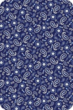 a blue and white paisley print fabric with small flowers in the center, on a dark background