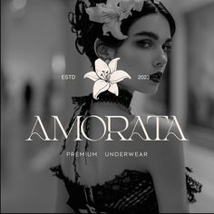 a woman with flowers in her hair and the words amorata on it