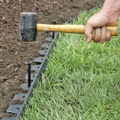 a person holding a hammer over some grass