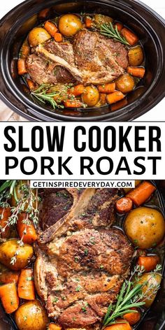 slow cooker pork roast with potatoes and carrots in the crock pot is ready to be eaten