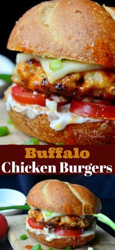 two pictures of buffalo chicken burgers on a cutting board