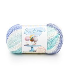 a ball of ice cream yarn on a white background with the words ice cream written in blue