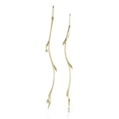 A pair of 18k yellow gold long branch earrings with diamond drops. Total length measures 3 7/8". Handcrafted in Hudson Valley, NY, U.S. Drop Bear, Gabriella Kiss, Hudson Valley Ny, Branch Earrings, Long Branch, Morning Dew, Diamond Drops, Hudson Valley, Gold Diamond