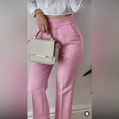 Zara New With Tags Ankle Pants Pink High-Waisted Pants With Side Pockets And Back False Welt Pockets. Front Zip, Metal Hook, And Interior Button Closure. Color Pink Outer Shell 55% Cotton 42% Polyester 3% Elastane Blogger's Favorite Already Sold Out At Store And Online. All Sales Are Final. No Returns. Please Ask All Questions Before Purchasing. Thank You For Looking Fitted Summer Office Bottoms, Fitted Office Lady Bottoms For Summer, Spring Stretch Bottoms For Office, Non-stretch Spring Dress Pants, Solid Color Summer Pants For Work, Summer Workwear Pants In Solid Color, Spring Office Lady Workwear Bottoms, Spring Office Lady Trousers, High Waist Spring Bottoms For Office