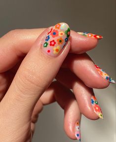 Simple Nail Designs Bright Colors, Disney Up Inspired Nails, Flat Color Nails, Colorful Manicure Ideas, Square Pride Nails, Level 1 Nail Art, Hippy Nail Art, Granola Nails, Pamela Core