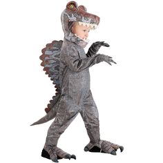 a little boy in a costume that is wearing a dinosaur suit and holding his hand out