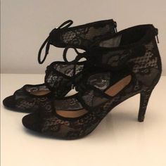 Nwot Black Lace Romantic Ankle Highe Open Toed Heels Zip Up Back With Ties At The Ankle These Gorgeous Shoes Have Never Been Worn . Black Lace Pattern ! Very Chic And Very Comfortable. These Look Great With Jeans Or Formal Wear. Great Addition To Add Lots Of Sexy To Your Outfit Thank You So Much For Shopping In My Closet Happy Holidays Black Lace Heels With Round Toe, Black Lace Heels For Party, Black Lace Party Heels, Ankle-high Lace-up Heels, Evening Heels With Laces And Round Toe, Heels With Laces And Ankle Strap, Fitted Heels With Laces And Ankle Strap, Lace Heels With Laces For Party, Elegant Black Heels With Laces