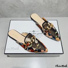 Olivia Mark - Embroidered Floral Flat Mules: Stylish Pointed-toe Slip-on Sandals Embroidered Flat Heel Flats For Summer, Embroidered Flats With Flat Heel For Summer, Embroidered Summer Flats, Summer Floral Embroidery Closed Toe Flats, Summer Slip-on Flats With Floral Embroidery, Multicolor Pointed Toe Mules For Summer, Summer Floral Embroidery Slip-on Flats, Embroidered Sandals For Summer Party, Summer Party Embroidered Sandals