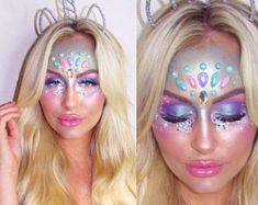 Unicorn Costume Women's, Glitter Halloween Makeup, Diy Unicorn Costume, Unicorn Makeup Halloween, Diy Unicorn Headband, Fairy Glitter, Unicorn Halloween Costume, Glitter Makeup Looks, Diy Costumes Women