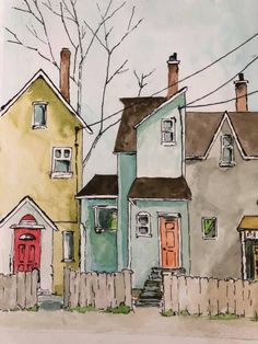 watercolor and ink painting of two houses with red doors in front of a white picket fence