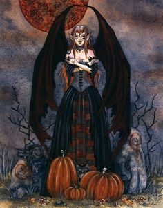 a painting of a woman with black wings and pumpkins in front of an orange moon