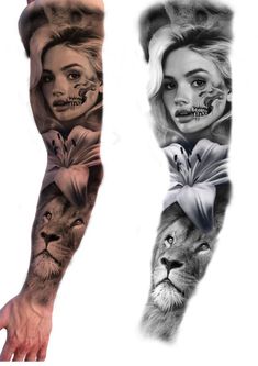 the arm and leg are covered in tattoos with different designs on them, including lions