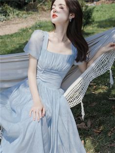 Light Blue Square Neck Vintage Summer Swing Dress - DollyGown Blue Fairycore Dress, Fairycore Dresses, Fairycore Dress, Chic French Style, Chiffon Summer Dress, Skirt Inspiration, Lace Summer Dresses, Romantic Summer, Blue Summer Dresses