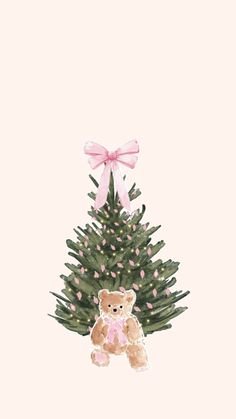 a teddy bear sitting in front of a christmas tree with a pink bow on it