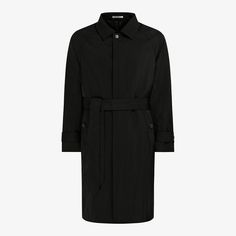 Beat the weather in style with this black belted trench coat. Comfortably tailored and water-repellent, this knee-length later features a broad collar, spacious welted pockets and detachable self-fabric belt. Business Outerwear With Belted Cuffs In Gabardine, Black Long Raincoat For Workwear, Fitted Black Outerwear For Travel, Classic Belted Raincoat For Work, Black Long Raincoat For Work, Fitted Black Travel Outerwear, Business Long Coat With Belted Cuffs, Belted Long Coat For Business, Classic Solid Color Outerwear For Travel