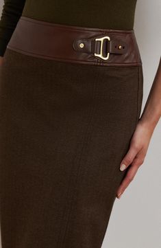 Formal Fitted Skirt With Belt Detail, Luxury Fitted Skirt With Belt Loops, Formal Fitted Leather Pencil Skirt, Fitted Office Skirt With Zipper Closure, Fitted Skirt With Zipper Closure For Office, Luxury Fitted Pencil Skirt, Luxury Fitted Brown Skirt, Fitted Pencil Skirt With Zipper For Work, Pencil Skirt Aesthetic