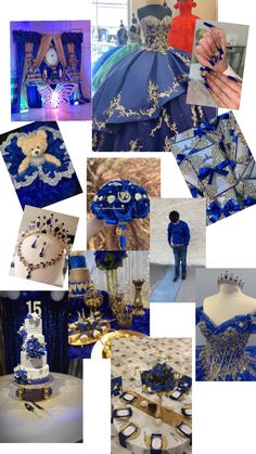 a collage of blue and gold wedding gowns, tablecloths, and decorations