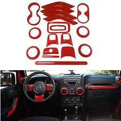 the interior of a car with red trims and steering wheel stickers on it