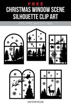 christmas window scene silhouette clip art with snowflakes and santa's sleigh