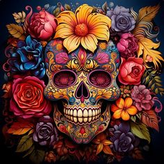 a colorful skull with flowers on it