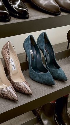 several pairs of women's shoes are lined up on shelves