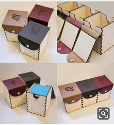 four different types of wooden boxes with labels on the top and bottom, each containing an individual's initials