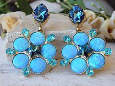 Blue opal earrings. Drop earrings. Large star earrings. Swarovski bridesmaid earrings.Statement piec Blue Opal Gemstone Earrings, Opal Earrings For Wedding, Blue Opal Jewelry For Wedding, Blue Bridal Earrings, Fire Opal Jewelry, Blue Opal Jewelry, Navy Earrings, Large Drop Earrings, Blue Opal Earrings