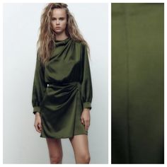 Nwt. Zara Green Satin Effect Mini Dress With Round Neck And Long Sleeves. Ruched Detail. Back Hidden In-Seam Zip Closure. 97% Polyester 3% Elastane. Size M. Ref. 2124/845. Pit To Pit 20" Flat, Shoulders 19", Sleeves 22", Waist 14,5", Length 32,5". O Elegant Long Sleeve Olive Dress, Olive Long Sleeve Dress For Summer, Olive Long Sleeve Dress For Spring, Spring Long Sleeve Olive Dress, Long Sleeve Olive Dress For Spring, Spring Olive Long Sleeve Dress, Olive Midi-length Dress For Fall, Olive Long Sleeve Party Dress, Elegant Olive Dress For Date Night