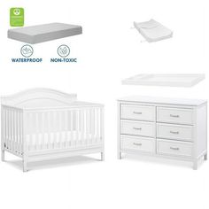 a white crib, dresser and changing table with waterproof non - organic sheets