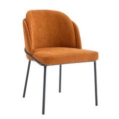 an orange upholstered chair with metal legs and backrests, viewed from the front