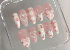 🌹Welcome to our shop on Etsy!🌹 🎀Our Dreamy Pink Press On Nails nail set on Etsy! Unique and delicately designed, this nail set will make you cute and charming.🎀 🌺 This nail sticker set gives you a professional and convenient nail experience right at home. With a series of cute heart and button designs along with lovely bride and groom images, we are committed to giving you a fresh and pure look. 🌟In particular, this nail set is decorated with outstanding 3D art patterns, creating a fashionable and sophisticated effect. We have paid special attention to creating delicate details such as daisies and berries to bring you an energetic and soothing feeling with every look. 🌺Made from high quality materials, our glued nails are extremely durable, will not break or peel so you can use them Fake Nails Designs, Cute Simple Nails, Makeup Tip, Heart Nail Art, Acrylic Press On Nails, Really Cute Nails, Pretty Gel Nails, Soft Nails, Kawaii Nails